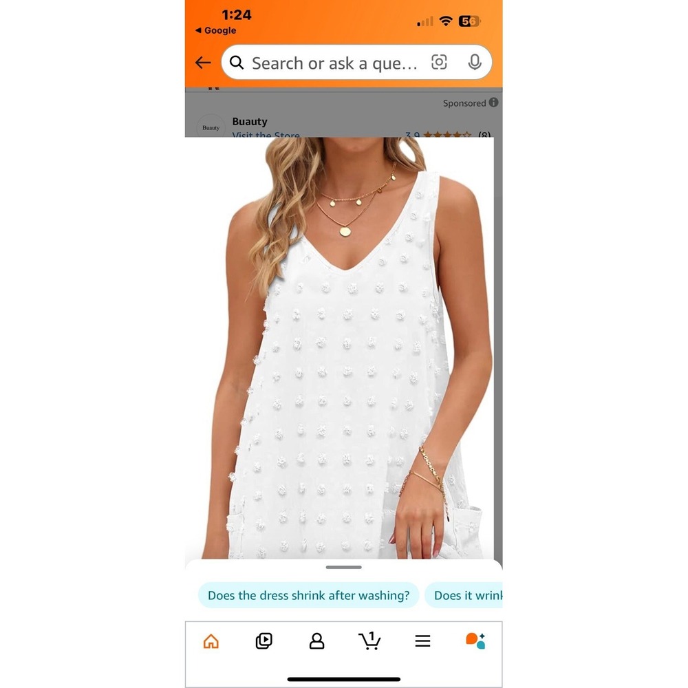 White Sun Dress Medium Swiss Polka Dot V Neck W/ Pockets‎